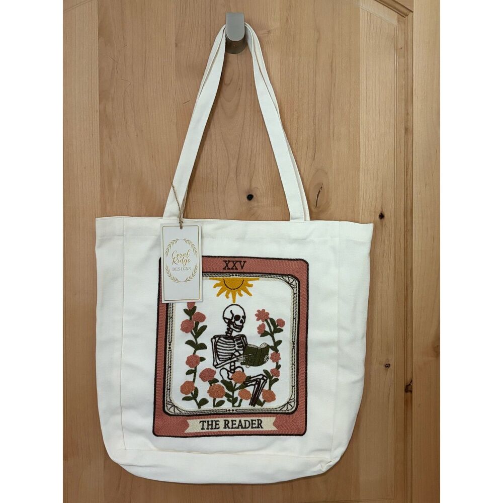 Coral Ridge Designs The Reader Skeleton Embroidered Tarot Card Canvas Tote NWT